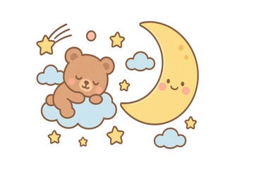 Naklejka premium a cute bear is sleeping peacefully on a cloud with a crescent moon and stars, creating a dreamy scene