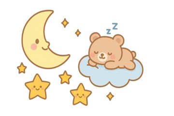 A cute teddy bear sleeping soundly on a fluffy cloud under a smiling moon and stars. The scene evokes a sense of peace and tranquility.
