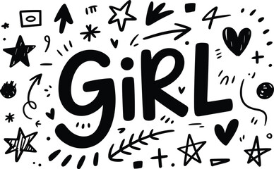 Girl hand drawn doodle illustration, playful lettering, cute stars and hearts, black and white typography design, feminine vector art