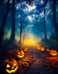 Dark Halloween Scene with Ghosts, Bats, and Creepy Haunted Mansion and Spooky Pumpkins