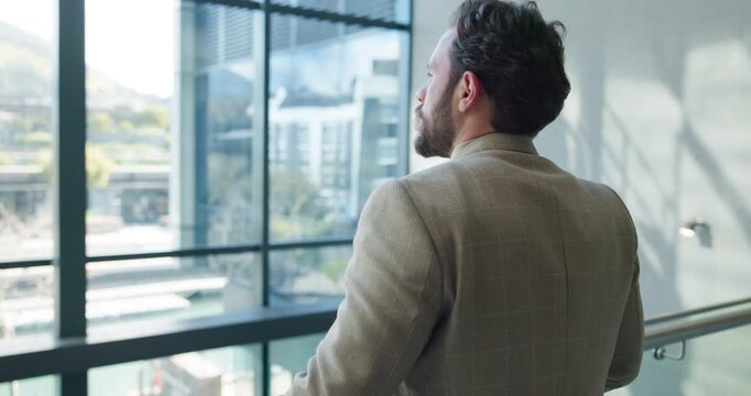 Thinking, reflection and business man in office for property investment, insight or planning. Vision, serious agent or thoughts in workplace, corporate mindset or decision for real estate opportunity