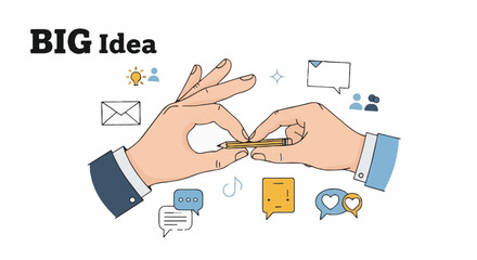 Big Idea concept with two hands sharing a pencil, symbolizing business collaboration, creativity, communication, and teamwork vector illustration.