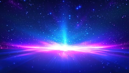 Naklejka premium Beautiful, glittering starry background with glowing particles and bokeh lights. Abstract blue, purple, and pink glow, a fantasy night sky. Vector illustration of a cosmic space background