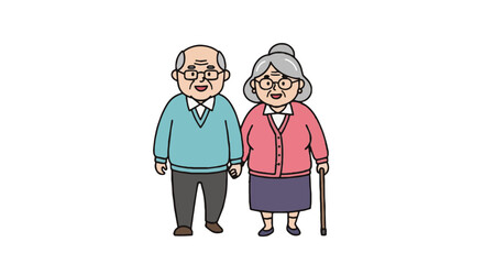 Cartoon illustration of a happy elderly couple holding hands. Smiling senior man and woman together, representing love, companionship, old age.