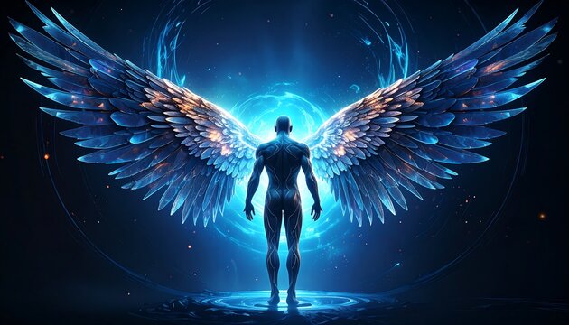 A digital rendering of a figure with large, metallic wings, bathed in blue light