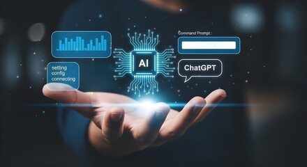 A person's hand cradles a glowing AI circuit board, suggesting innovation and the future of artificial intelligence. Features text like 'ChatGPT' and 'command prompt'.