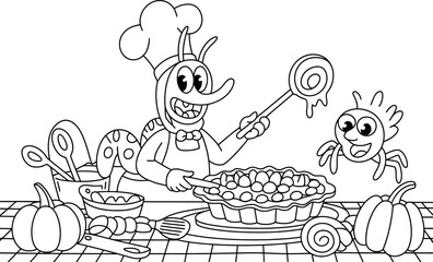 Monochrome pumpkin outline illustration for coloring and artistic projects