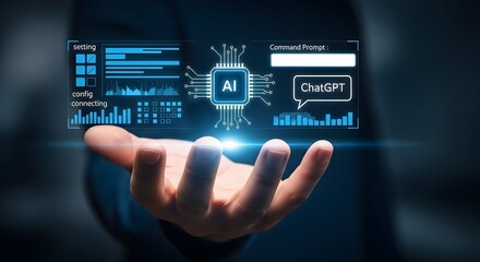 A person's hand cradles a glowing AI circuit board, suggesting innovation and the future of artificial intelligence. Features text like 'ChatGPT' and 'command prompt'.