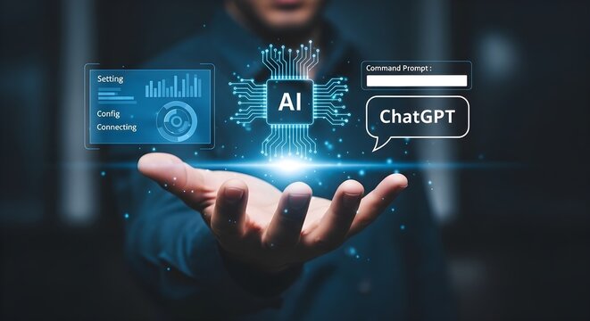 A person's hand cradles a glowing AI circuit board, suggesting innovation and the future of artificial intelligence. Features text like 'ChatGPT' and 'command prompt'.