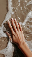 Fototapeta premium Manicured hand touching ocean foam on beach shore. Perfect nail care and spa wellness concept showcasing natural beauty treatment and peaceful seaside relaxation moments.