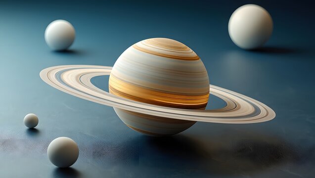 Saturn planet with rings and moons on a blue background in space style render