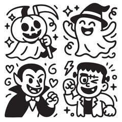 Cute Halloween characters in black and white illustrations  coloring, coloring book, coloring page