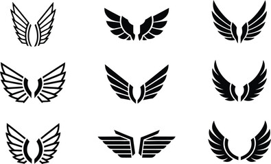 Variety of Stylized Black and White Wing Vector Illustrations for Logos and Emblems.