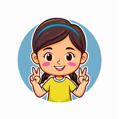 girl showing two fingers gesture logo banner hand drawn cartoon art illustration