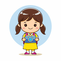 kid girl holding camera hand drawn cartoon character