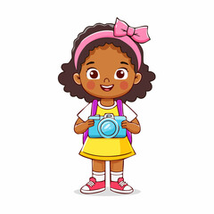 kid girl holding camera hand drawn cartoon character illustration