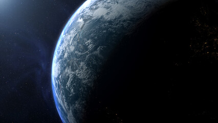 Cinematic view of Earth from space, with glowing city lights, swirling clouds, and the planet’s curve at dawn, dramatic atmosphere and outer space background