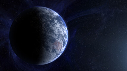 Cinematic view of Earth from space, with glowing city lights, swirling clouds, and the planet’s curve at dawn, dramatic atmosphere and outer space background