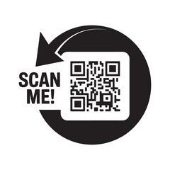 A black and white vector illustration of a 'Scan Me' icon with a QR code. This circular graphic with an arrow is a call to action for mobile scanning and digital access