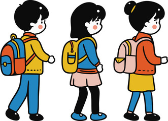 School Kids with Backpacks - Cartoon Children Walking to School Vector Illustration