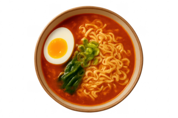 Steaming bowl of ramen noodles with egg and vegetables on transparent background
