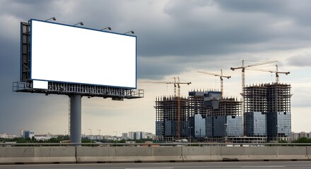Fototapeta premium Billboard And Construction Site Under Cloudy Sky