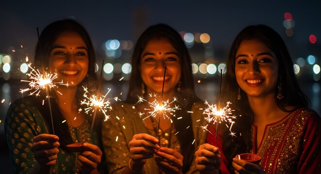Three women holding sparklers at night - Powered by Adobe