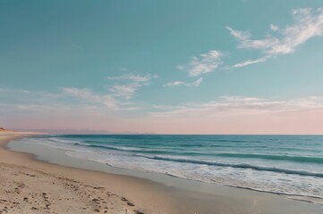 Fototapeta premium Serene Beach Scene with Calm Ocean Waves and Clear Sky in Sunset Light