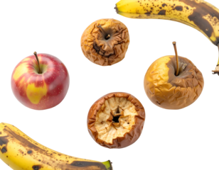 Overripe Apples and Bananas on Transparent Background