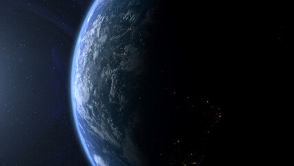 Cinematic view of Earth from space, with glowing city lights, swirling clouds, and the planet’s curve at dawn, dramatic atmosphere and outer space background