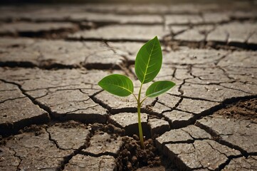 Young Green Plant Growing on Cracked Dry Soil in Arid Environment