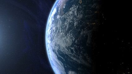 Cinematic view of Earth from space, with glowing city lights, swirling clouds, and the planet’s curve at dawn, dramatic atmosphere and outer space background