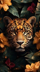 A close-up of a leopard looking straight into the camera among exotic plants and flowers in the jungle, a fashion brand advertisement, a fashion photo.