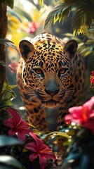 A close-up of a leopard looking straight into the camera among exotic plants and flowers in the jungle, a fashion brand advertisement, a fashion photo.