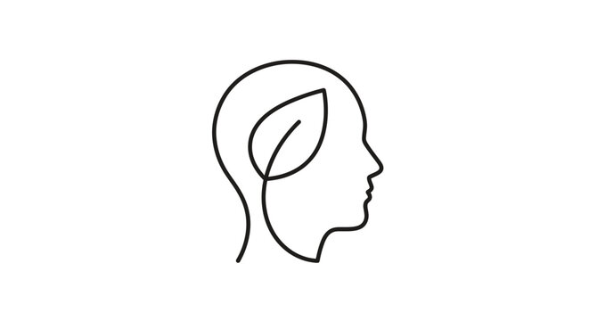 A minimalist line icon representing green thinking, mental wellness, and a sustainable mindset with a leaf in a human head