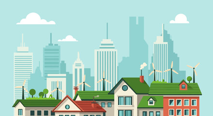 Obraz premium Sustainable Cityscape Eco-Friendly Homes and Wind Turbines in a Modern Urban Landscape
