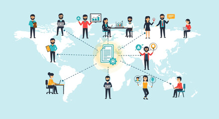 Online collaboration and global partnership concept with diverse people connected through a digital network on a world map