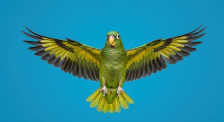 A green parrot with wings spread wide in flight against a blue background.