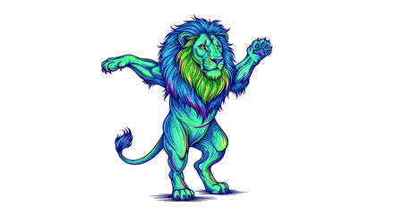 A standing lion with a colorful mane and fur in an illustration style
