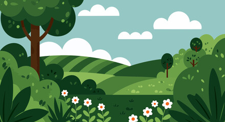 Obraz premium Stylized green landscape illustration with rolling hills, trees, and daisies under a sky with fluffy clouds, concept for children's book illustration, nature themed backgrounds and environmental