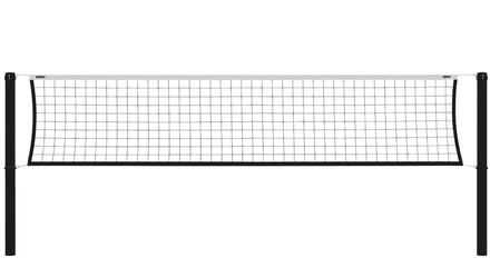 A volleyball net is stretched between two black poles, showcasing its grid-like structure, concept for recreational activity, sporting equipment and outdoor game visuals