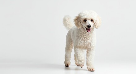 A happy white poodle dog is running in a studio with a white background.