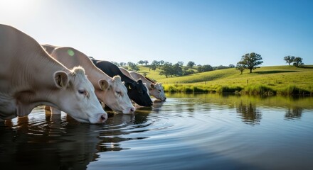 A Herd of Thirsty Cows Drinking Water from a Rural Pond.