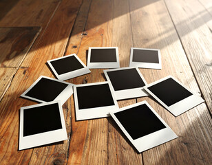 Blank instant photo frames scattered on a wooden floor with sunlight creating shadows. A nostalgic concept for memories, photography, and scrapbooking. Generative AI