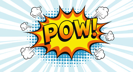 Comic style speech bubble with the word 'POW!' and explosion effects on a dynamic radial background, concept for advertisement, graphic design, and web banners