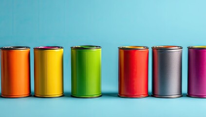 Colorful cans in a row against a bright blue background (1)