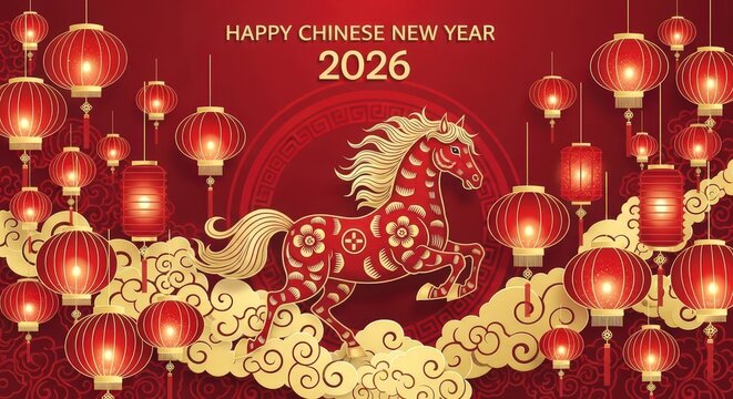 A festive chinese new year 2026 illustration featuring a horse, lanterns, and clouds on a red background for the holiday