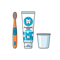 Illustration of a toothbrush, fluoride-free toothpaste tube, and a cup for dental hygiene.