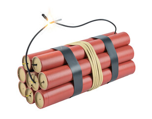 Lit Dynamite Stick with Burning Fuse on Transparent Background