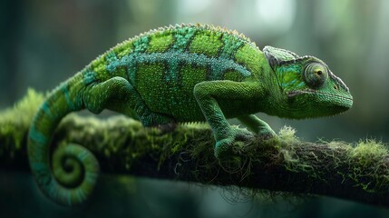 Green chameleon perched on mossy branch wildlife photography animal portrait reptile close up lizard exotic pet nature